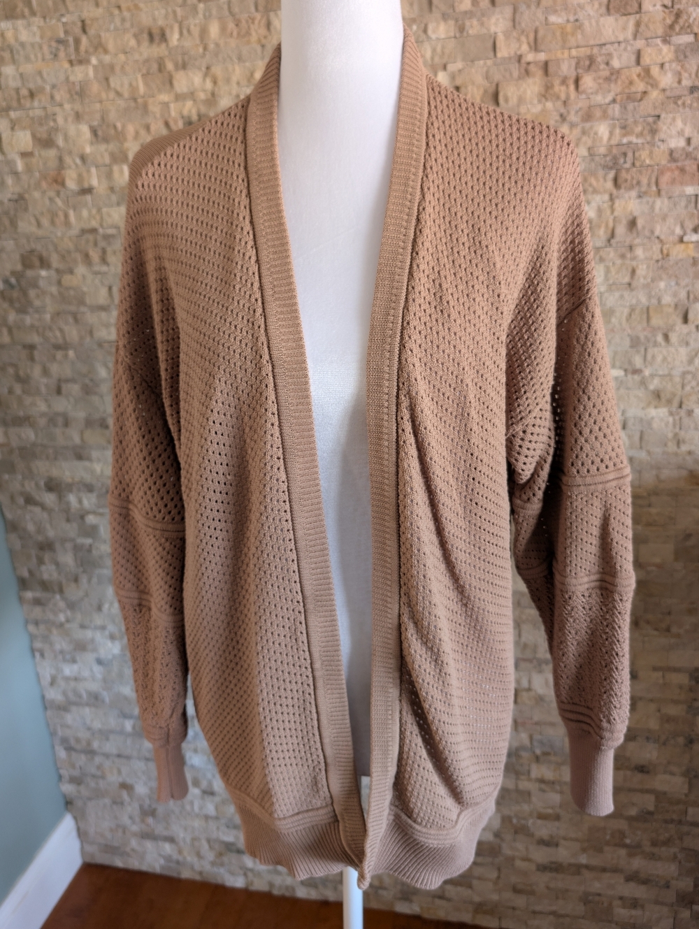 Express Womens Camel Tan Textured Pointelle Open Knit  Stitch Cocoon Cardigan XS